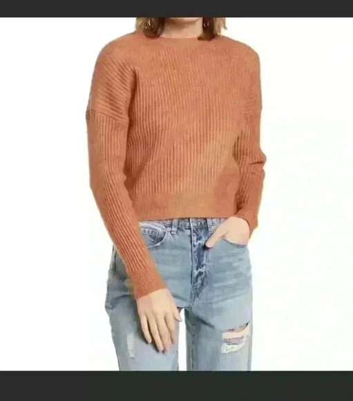 Elodi Women XL Ribbed Crewneck Clay Brown Colored Cropped Long Sleeve Sweater - Picture 1 of 10